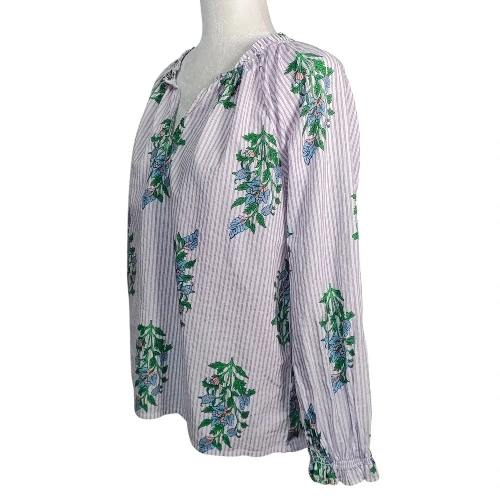 J.‎ Crew Striped Floral V-Neck Ruffle Blouse Purple White Coastal Boho Size S
